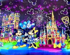 two mickey and minnie mouses in front of a castle with fireworks