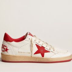 Golden Goose Ball Star Distressed Low Top Sneakers In White Leather With Red Star And Heel Tab 45 Eu Men’s 12 Us Women’s 13 Us Golden Goose Sneakers In Used-Effect Suede/Leather And Fabric Signature Star On Sides Flat Heel Perforated Round Toe Lace-Up Vamp Logo On Tongue And Backstay "Sneakers" Print On The Heel Breathable Leather/Cotton Lining Signature Stained Rubber Outsole "Ball Star" Is Made In Italy Red Golden Goose, Golden Goose Ball Star, Goose Sneakers, Golden Goose Sneakers, Golden Goose Shoes, Low Top Sneakers, Red Star, Golden Goose, Mens Shoes Sneakers