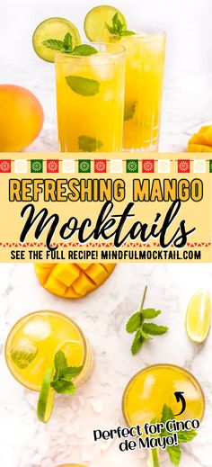 refreshing mango cocktails with lime and mint garnishes on the side, in glasses