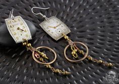 Vintage Watch Earrings Timeless Metal Earrings For Pierced Ears, Steampunk Gold Dangle Jewelry, Gold Steampunk Dangle Jewelry, Steampunk Brass Jewelry For Pierced Ears, Steampunk Dangle Earrings For Pierced Ears, Steampunk Style Dangle Jewelry, Watch Upcycle, Watch Earrings, Vintage Watches