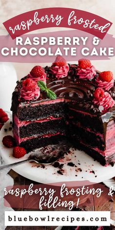 raspberry frosted chocolate cake on a plate with the words raspberry frosting next to it