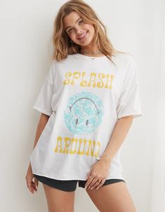 Aerie Smiley® Graphic Oversized Boyfriend T-Shirt Cute Oversized Shirts, Aerie Clothing, Smiley Graphic, Distressed Fabric, Boot Cut Leggings, Cute Graphic Tees, Cool Graphic Tees, Maternity Shops, Boyfriend T Shirt