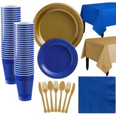 blue and gold party supplies including plastic plates, napkins, forks and spoons