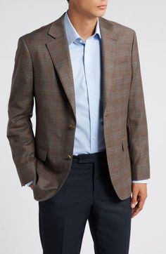 Soft, breathable wool woven in a dusky plaid distinguishes a sport coat that's crafted with traditional detailing and styled to elevate any semiformal look. Notched lapels Chest patch pocket; front flap pockets Side vents Partially lined 99% merino wool, 1% Lycra® spandex Dry clean Imported Sport Coat With Jeans, Mens Plaid Blazer, Sport Jacket Men, Mens Sport Coat, Tan Plaid, Mens Plaid, Plaid Blazer, Sports Jacket, Wool Plaid