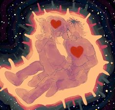 two people sitting on the ground with hearts in their hands and one person holding his head