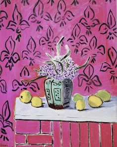 a painting of flowers and lemons on a table in front of a pink wall