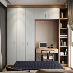 a bedroom with a bed, desk and cabinets