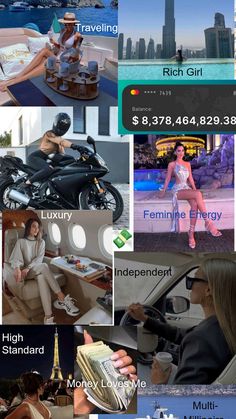 a collage of photos with different people and vehicles in them, including a woman sitting on a motorcycle