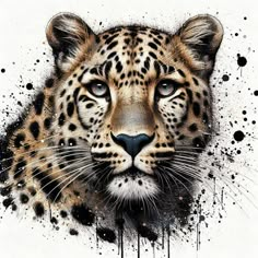 a drawing of a leopard's face with black and white spots on the background