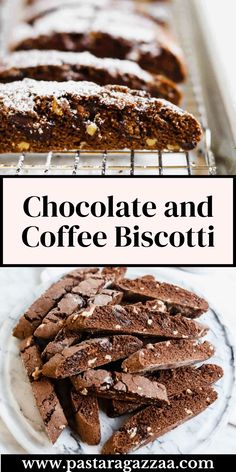 chocolate and coffee biscotti on a white plate with the words, chocolate and coffee biscotti