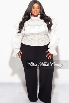 Final Sale Plus Size Lace Ruffle Blouse in White – Chic And Curvy Elegant Stretch Top With Ruffled Collar, Elegant Stretch Tops With Ruffled Collar, Elegant Ruffled Stretch Top, Elegant Stretch Top With Ruffles, Elegant Stretch Tops With Ruffles, Fitted Tops With Ruffled Collar For Night Out, Off The Shoulder Ruffle Dress, Plus Size Off The Shoulder, Chic And Curvy