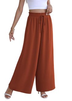 PRICES MAY VARY. Material: Made from super soft,comfy,lightweight fabric that's gentle on your skin. Not stretch, not see-through and won't wrinkle easily or shrink after washing. Enjoy all-day comfort in these loose, flowy wide leg trousers. Chic Design: Wide leg palazzo pants are effortlessly stylish, with flexible elastic high waistband and drawstring for maximum adjustability and comfort. Flattering and flowy, casual linen lounge pants are perfect for any occasion. Style: Paper bag pants, wi Comfortable Solid Color Pull-on Pants, Comfortable Solid Pull-on Style Pants, Comfortable Solid Color Wide Leg Pants For Fall, Comfortable Solid Wide Leg Pants For Fall, Comfortable Versatile Solid Pants, Comfortable Versatile Pants, Comfortable Elastic Waistband Ankle-length Pants, Comfortable Ankle-length Pants With Elastic Waistband, Comfortable Non-stretch Solid Wide Leg Pants