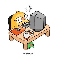 a cartoon character sitting at a desk with a computer and coffee mug in front of him