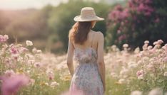 a woman wearing a hat standing in a field of flowers