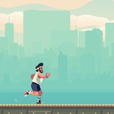 a man running across a bridge in front of a cityscape with tall buildings