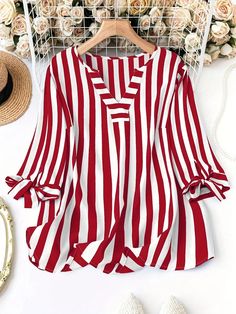 Tie Cuff Blouse, Stripe Shirts, Cuffed Top, Front Tie Shirt, Plus Size Fashion For Women, Casual Stripes, Women Shirt, Dressy Tops