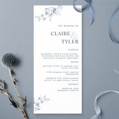 Modern Elegant Chic Blue Wedding  Menu Woodland Theme Wedding, Venue Illustration, Dusty Blue Wedding, Blue Theme, Dusty Blue Weddings, Wedding Menu Cards, Peach Wedding, Wedding Business