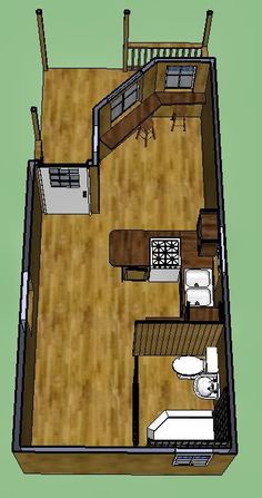 the floor plan for a small house with two beds and one bathroom, is shown