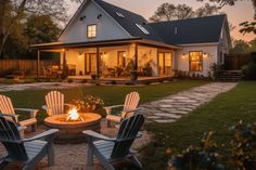 two adiron chairs sitting around a fire pit in front of a house at dusk