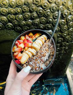 a person holding a bowl of food with fruit and granola in it on top of a table