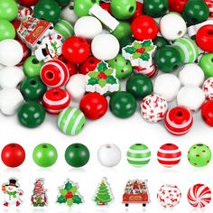 many different christmas ornaments and decorations on white background, including red green and white baubles