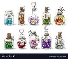 six glass bottles filled with different types of items