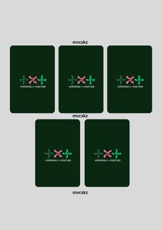 four square coasters with the names and symbols for various types of items on them