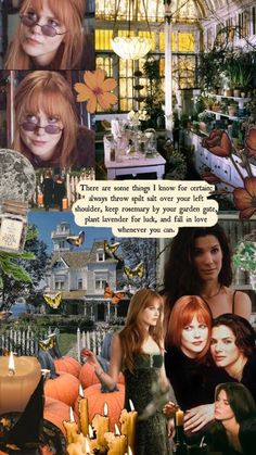 a collage of photos with candles and pumpkins in the foreground, two women looking at each other