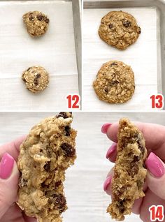 the steps to make oatmeal cookies are shown in four different stages, including one being bitten