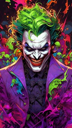 the joker from batman comics with his green hair and purple suit, painted in neon colors