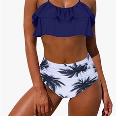 Mooslover Women's Cute Ruffle Bikini Top High Waisted Print Two Piece Swimsuit(L,Navy Blue Ruffled Swimwear For Sunbathing, Blue Ruffled Swimwear For Beach, Blue Ruffled Swimwear For Beach Season, Blue Ruffled One-piece Swimwear, Blue Ruffled Swimwear For Vacation, Blue Ruffled Swimwear For Summer, Blue Ruffled Swimwear For Beachwear, Vacation Ruffled High Waist Swimwear, Beachwear Swimwear With High Waist And Ruffles