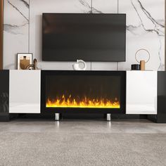 an entertainment center with a fireplace in the middle