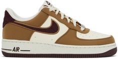 Low-top canvas and grained faux-leather sneakers in tan, burgundy, and off-white. · Perforated detailing at toe and sides · Logo plaque at lace-up closure · Logo patch at padded tongue · Padded collar · Swoosh embroidered at sides · Logo embroidered at heel tab · Mesh lining · Logo embossed at midsole · Treaded rubber sole Please note that this item may be shipped only within North America. Supplier color: Light British Tan/Coconut Milk/Gum Dark Brown/Burgundy Crush Sporty Brown High-top Canvas Sneakers, Sporty Brown Canvas High-top Sneakers, Brown Canvas High-top Sneakers For Streetwear, Brown Mid-top Sneakers With Speckled Midsole, Brown High-top Sneakers With Vulcanized Sole For Sports, Casual Nike Air Force 1 With Rubber Waffle Outsoles, Brown Canvas Sneakers With Vulcanized Sole, Brown Canvas Sneakers For Streetwear, Nike Canvas Skate Shoes With Gum Sole