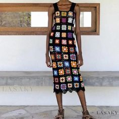 Lasaky - Handmade Fashion Grandmother Plaid Backless Maxi Dress Chic Multicolor Crochet Dress For Summer, Casual Black Crochet Dress For Spring, Vest Skirt, Backless Maxi Dress, Vacation Mood, Hip Skirt, Suspender Skirt, Boho Design, Backless Maxi Dresses