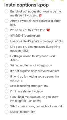 a list with the words insta captions kpop on it