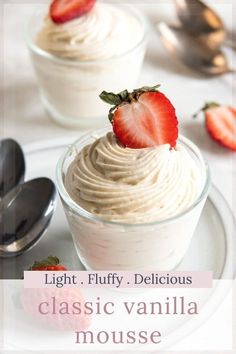 there is a dessert with whipped cream and strawberries in the bowl on the plate