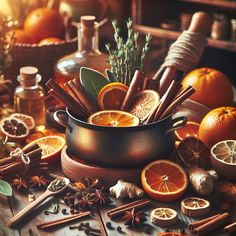 an assortment of spices and oranges on a table with cinnamons, cloves