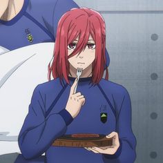 an anime character with red hair holding a piece of cake