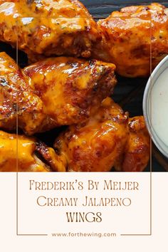 chicken wings with ranch dressing on the side and text overlay reading frieder's by melier creamy jalapeno wings