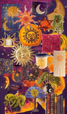 a collage of different items including books, cups and other things on a purple background