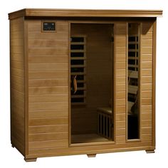 a wooden sauna with the door open