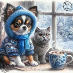 a painting of a dog and cat sitting next to a cup of coffee on a window sill