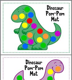 dinosaur pom pom mat with different colors and shapes on the front, and back