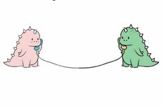 two cartoon dinosaurs are talking to each other while one is holding the cord with his ear