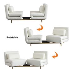 three different views of a white leather sofa and chair with footstool, one on the left and the other on the right