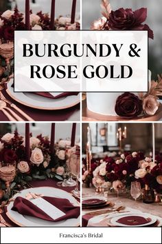 burgundy and rose gold wedding table setting