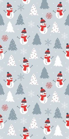 snowmen and trees are on a gray background with red, white and blue colors