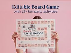 a woman holding up a sign that says, edible board game with 35 fun party activities