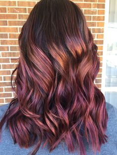 Red Purple Hair Color Highlights, Plum And Copper Hair, Copper Purple Balayage, Purple And Copper Hair, Red Hair With Purple Highlights, Copper And Purple Hair, Reddish Purple Hair, Purple Hair Color Highlights, Purple Red Hair Color