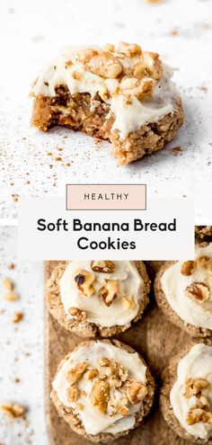 healthy soft banana bread cookies with white frosting and walnuts on top, one is cut in half